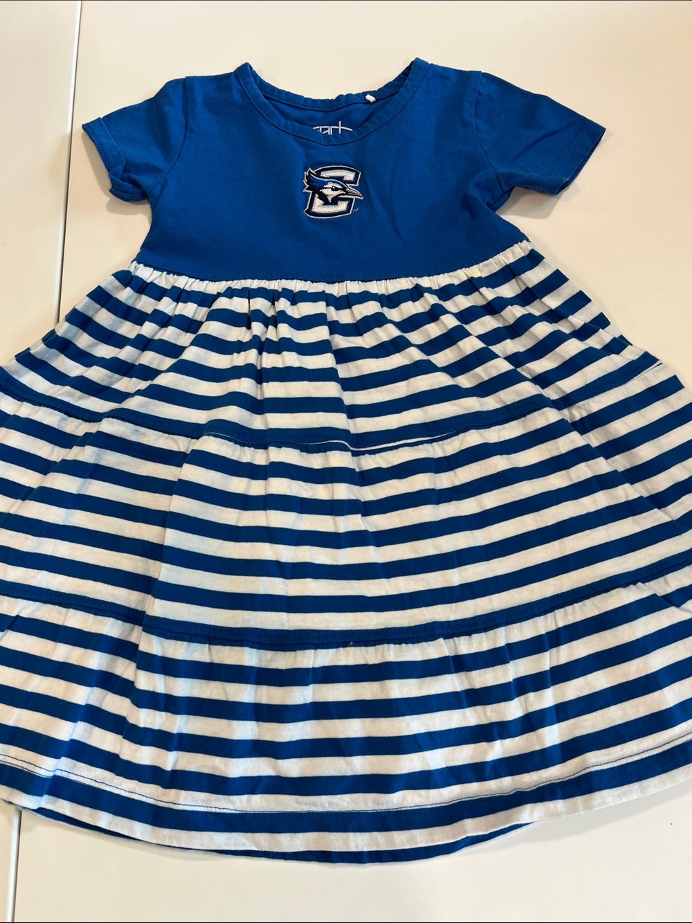 Creighton - Girls' Blue and White Striped Dress with Embroidered Blue Jay Logo